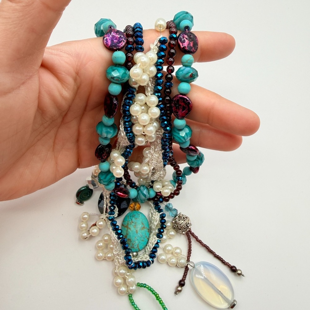 Vintage Y2K Multi Strand Beaded Turquoise Pearl Necklace Boho Statement Jewelry - Picture 13 of 14